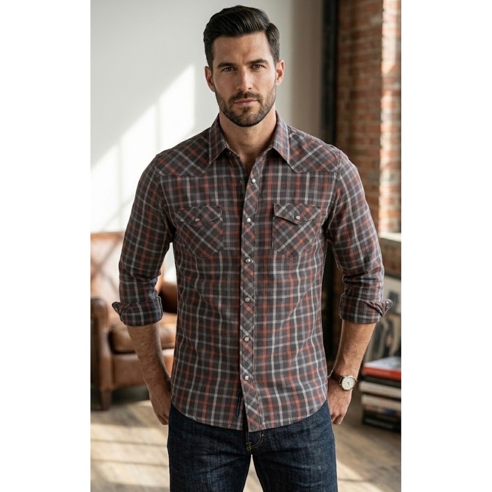 Banana Republic Mens Plaid Western Snap Button Down Shirt Red Grey Large 16-16.5